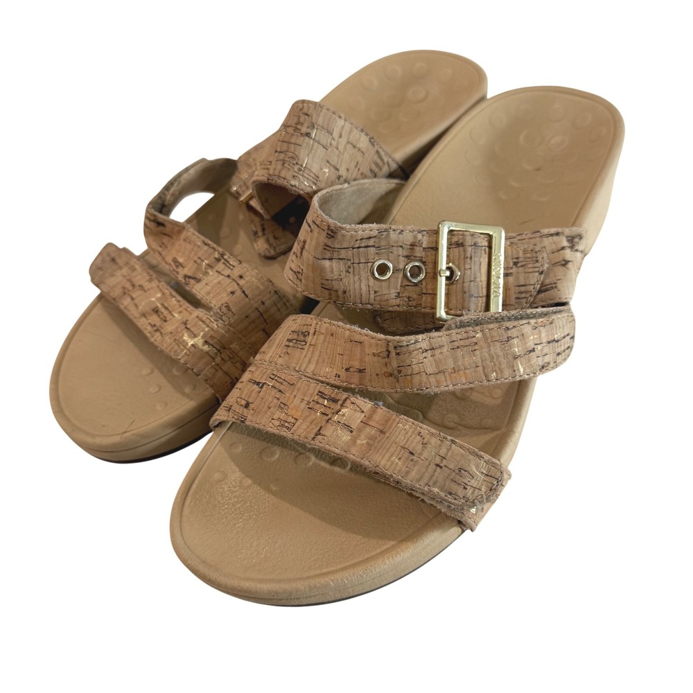 Vionic Pacific Rio Cork‎ Adjustable Gold Buckle Comfort Slide Sandals Sz 8 Shoes